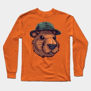 Orange capybara in panama hat Long Sleeve T-Shirt